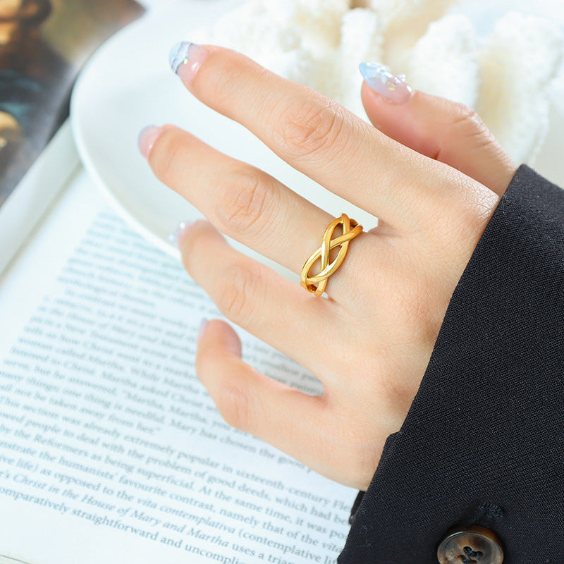 Cross-Staggered Gold Plated Titanium Ring for Women