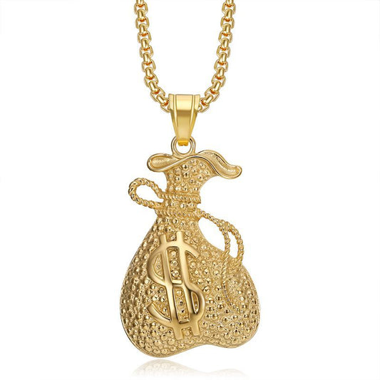 Planderful Everyday Genie Hip Hop Dollar Bag Pendant Necklace Gold Plated Stainless Steel For Urban Fashion Fans