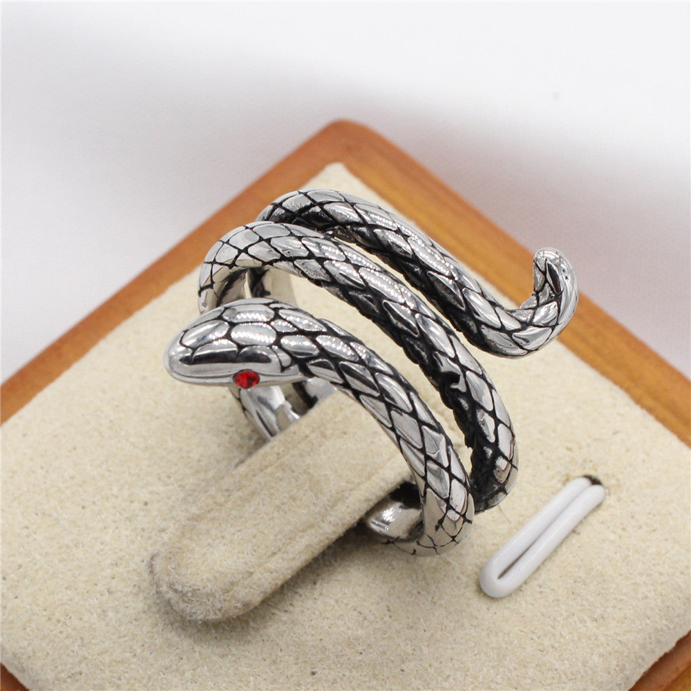 Retro Coiled Snake Zircon Titanium Steel Ring for Men