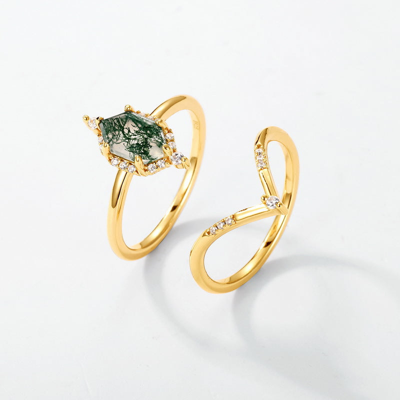 Planderful Jewelry Green Moss Agate Ring S925 Silver