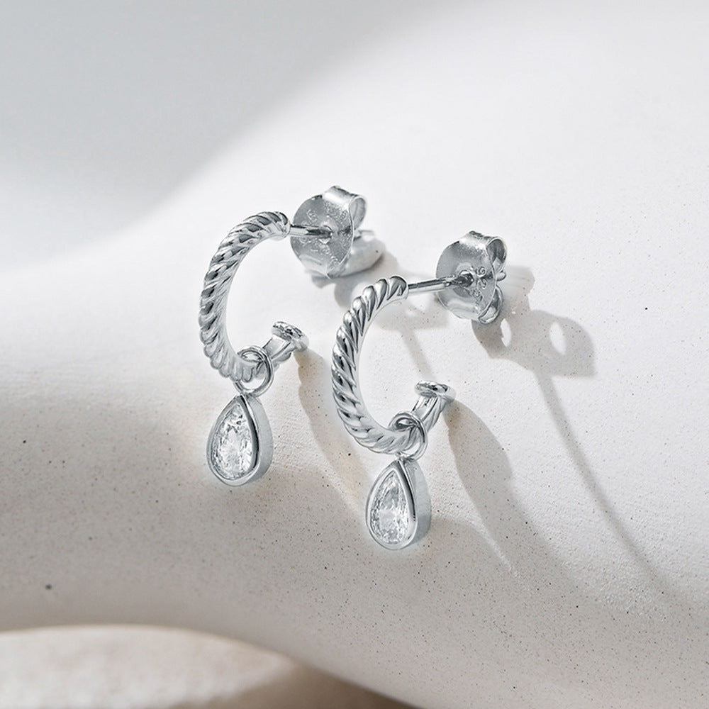 Planderful S925 Sterling Silver C Shaped Drop Earrings With Zircon Sparkle For Women