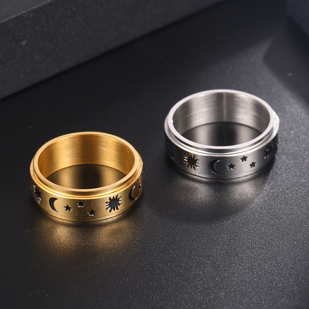 Titanium Steel Men's Ring with Gold, Silver, and Three-Star Design - Sun, Stars, and Moon Jewelry from Japan and South Korea