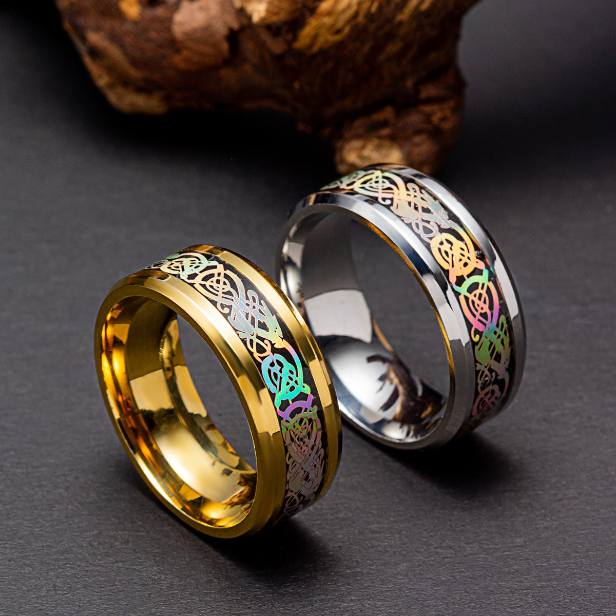 Dragon Pattern Titanium Steel Ring - Colorful Mythical Men's Jewelry