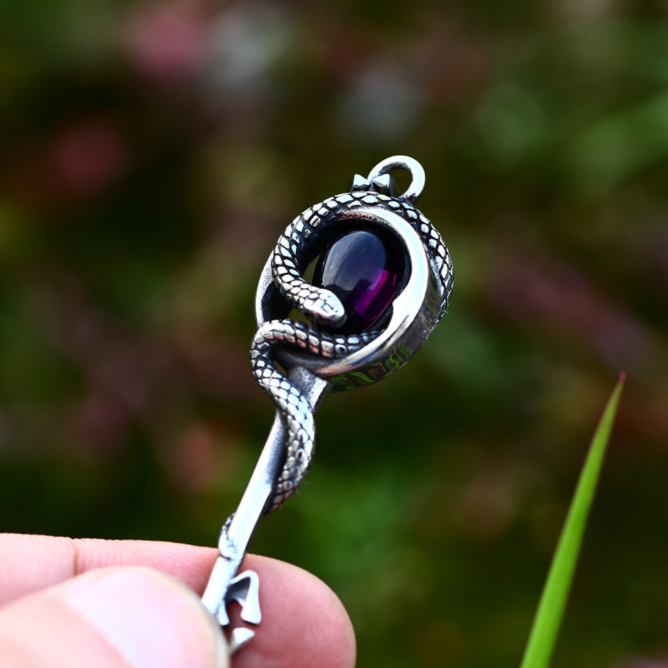 Retro European and American Titanium Steel Pendant with Stone Inlay - Men's Cross-Border Snake Key Disc Accessory