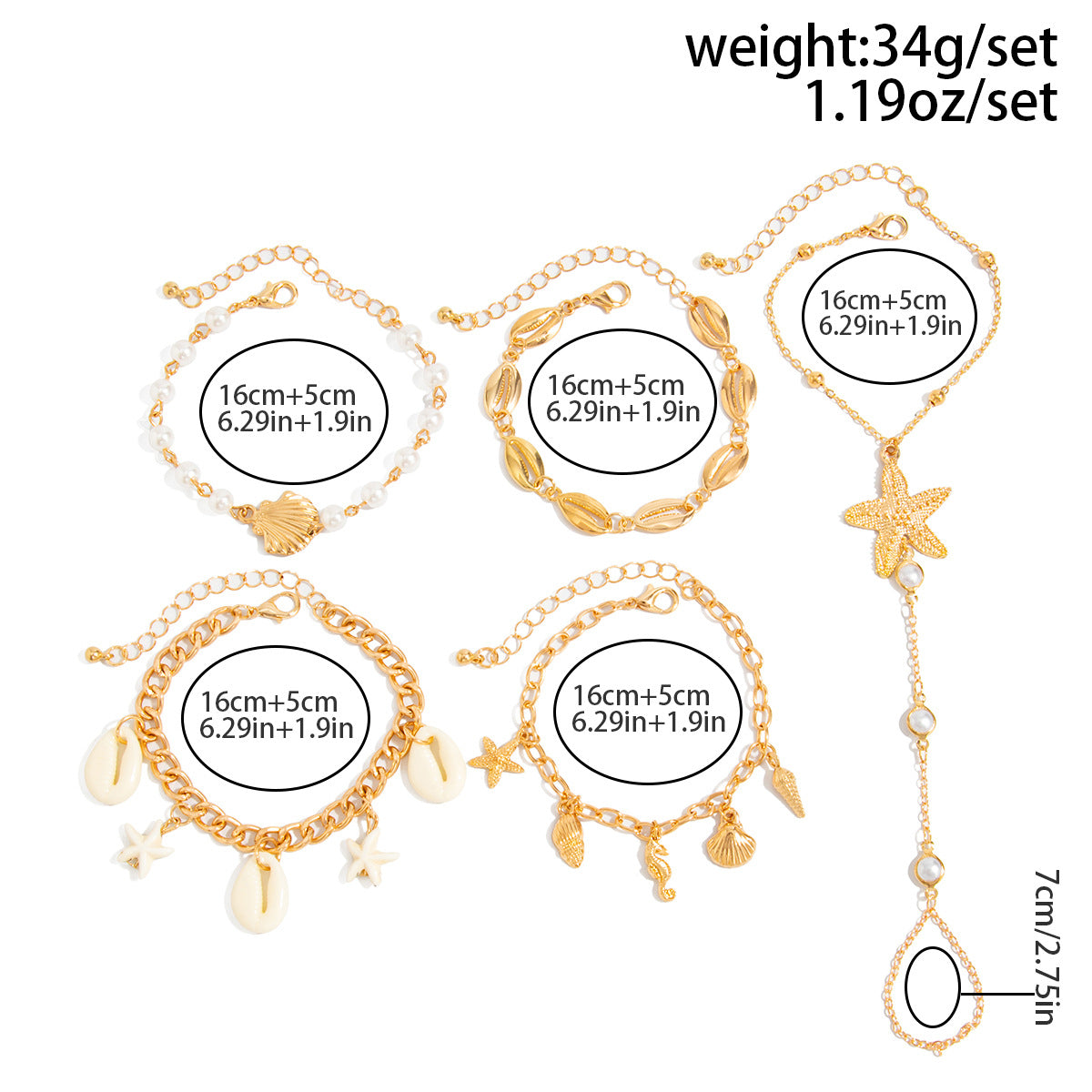 Ocean-Style Shell Tassel Finger Bracelet Vacation Seahorse And Starfish Shape Layered Pearl
