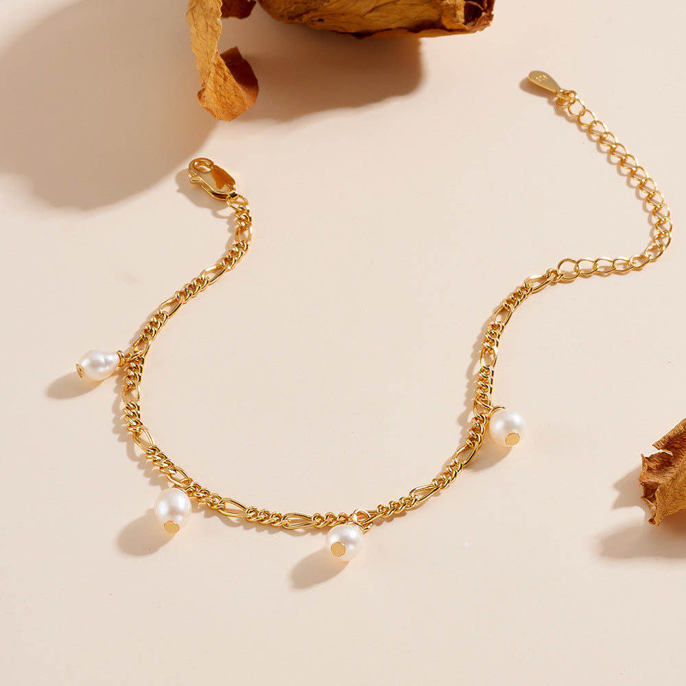 Elegant Natural Cultured Pearl Bracelet S925 Sterling Silver Plated 18k Gold