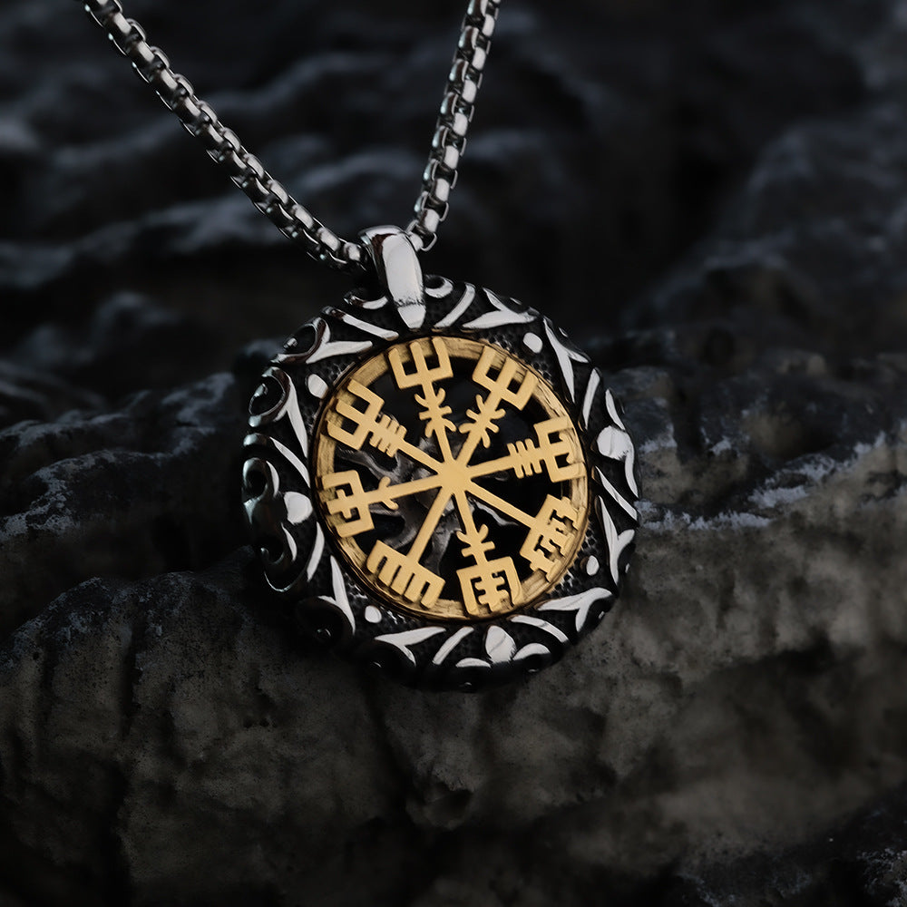 Retro Stainless Steel Men's Pendant Compass Sun Necklace
