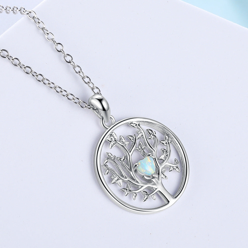 Tree of Life with Heart Shape Opal Circle Sterling Silver Necklace