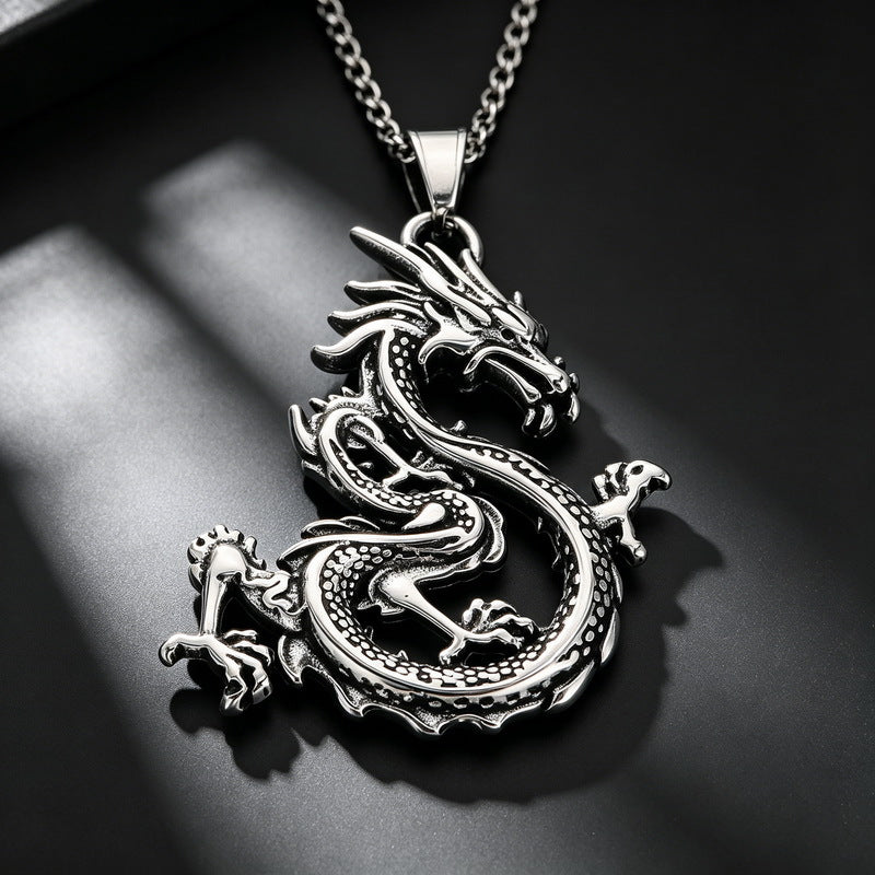 Chinese Style Retro Zodiac Dragon Necklace Stainless Steel Double Dragon Play Bead Pendant