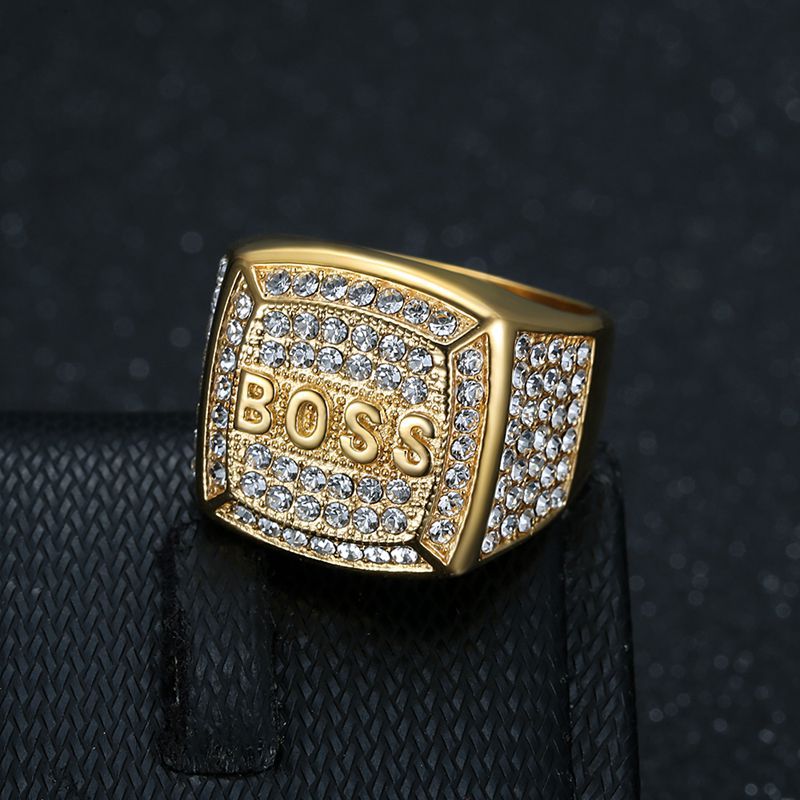 Planderful Hip Hop Ring For Men Titanium Steel Gold Plated Rhinestone Square Boss Letter Bold Statement Accessory