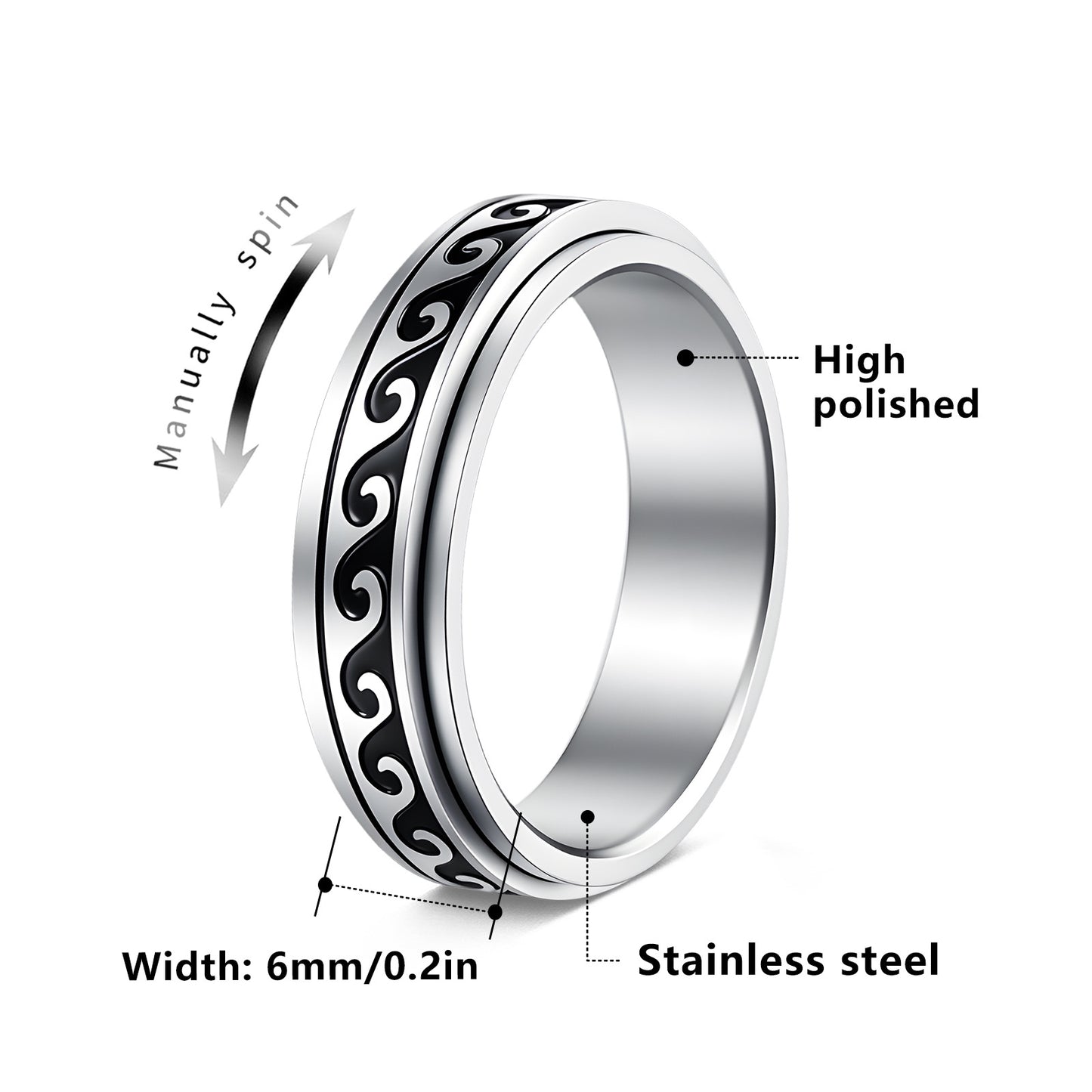 Planderful Everyday Genie Rotating Decompression Ring Stainless Steel Wave Pattern Unisex Stress Relief