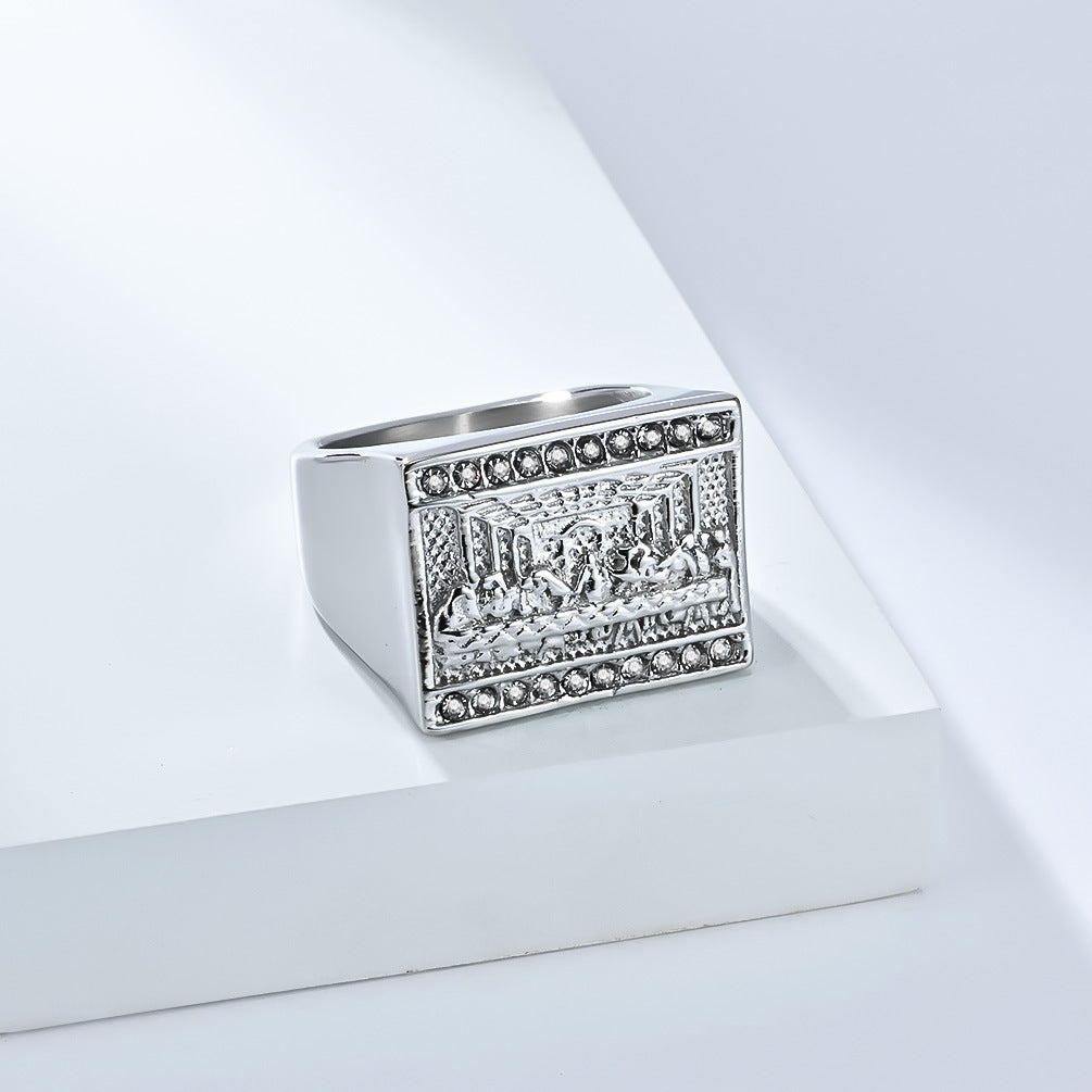 Planderful Hip Hop Ring For Men Last Supper Titanium Steel 18K Gold Plated Personalized Jewelry