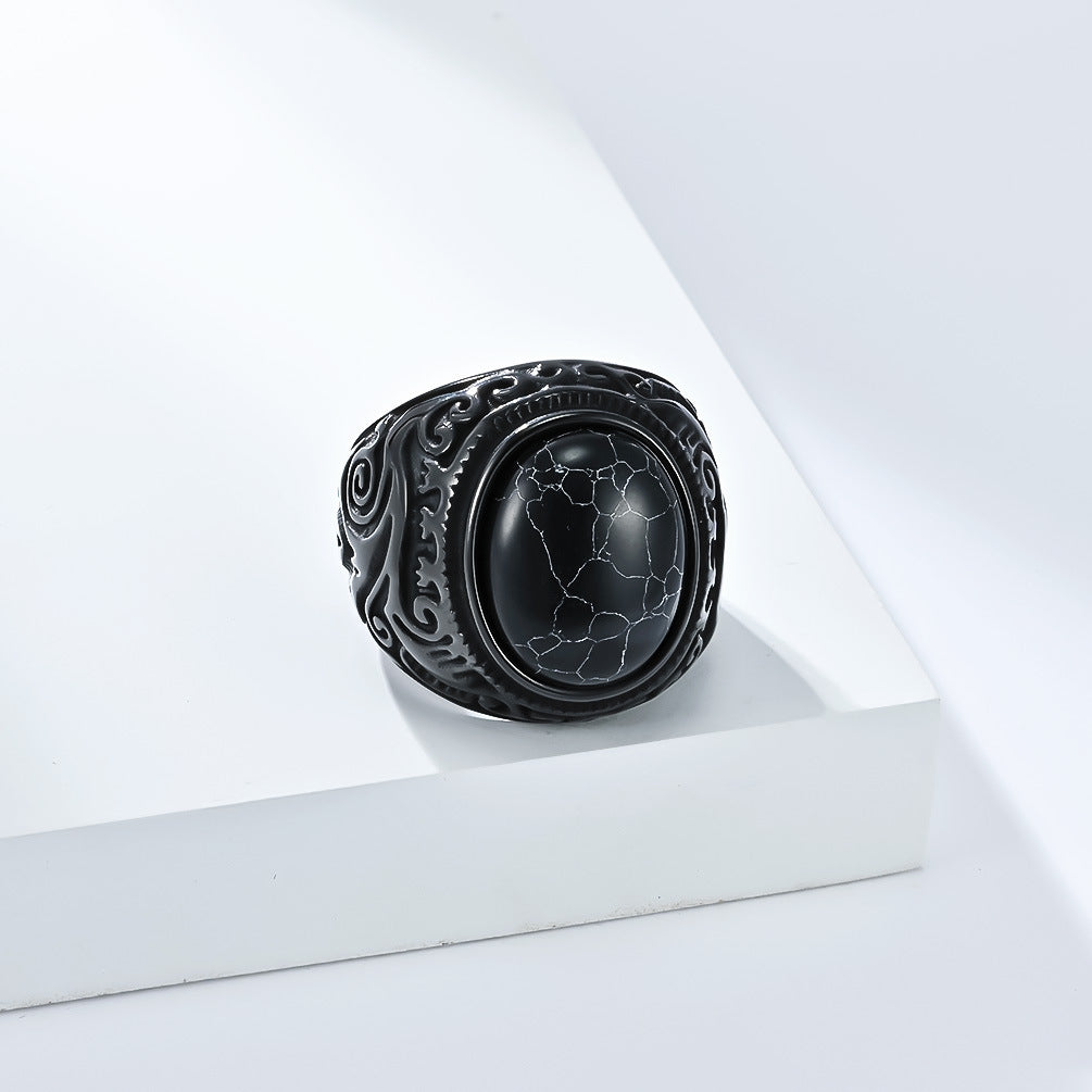 Planderful Mens Titanium Steel Ring With Tiger Eye Gem Retro Engraved Bold Statement Jewelry