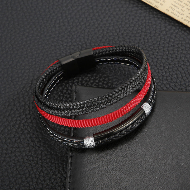 Planderful Titanium Steel Men Bracelet Multi Layer Cowhide