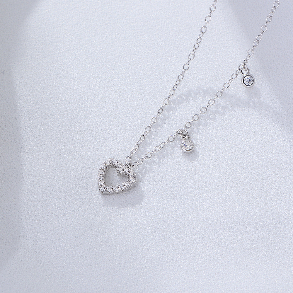 S925 Sterling Silver Hollow Zircon Love Necklace Internet Celebrities Heart-Shaped Clavicle Chain