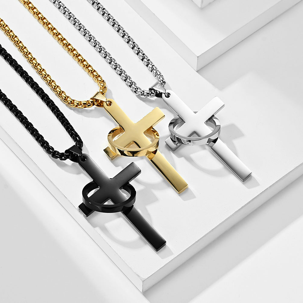 Planderful Titanium Steel Cross Necklace For Men Trendy Hip Hop Pendant With Glossy Ring Personalized Jewelry