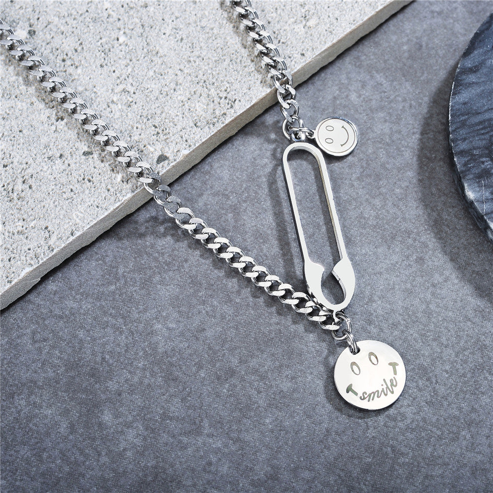 Planderful Titanium Steel Necklace Unisex Minimalist Collarbone Chain With Smiley Pendant And Protection Statement