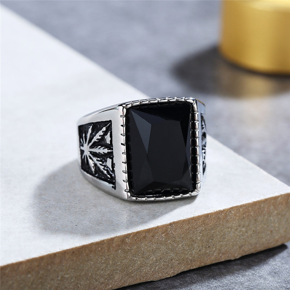 Planderful Personalized Retro Maple Zircon Titanium Steel Ring Unisex Durable Statement