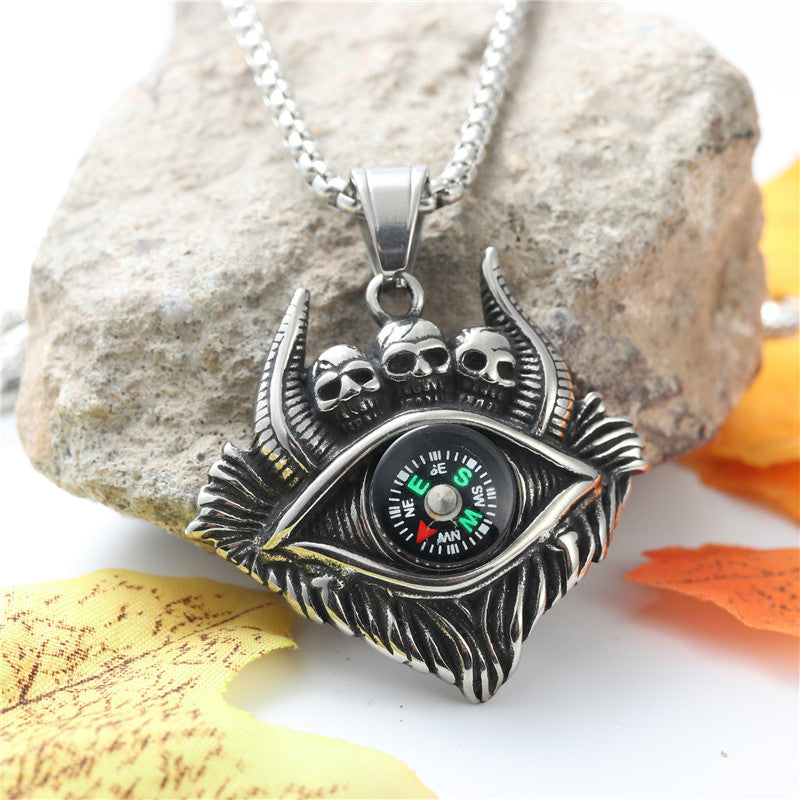 Titanium Steel Skull Pendant Necklace with Compass for Men - Retro Trendy Accessories