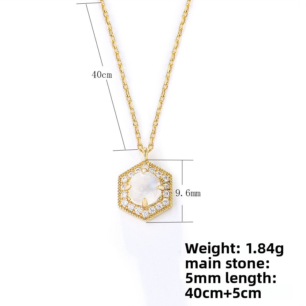 Retro Minimalist Geometric Hexagonal Natural Moonstone Pendant Necklace High-End