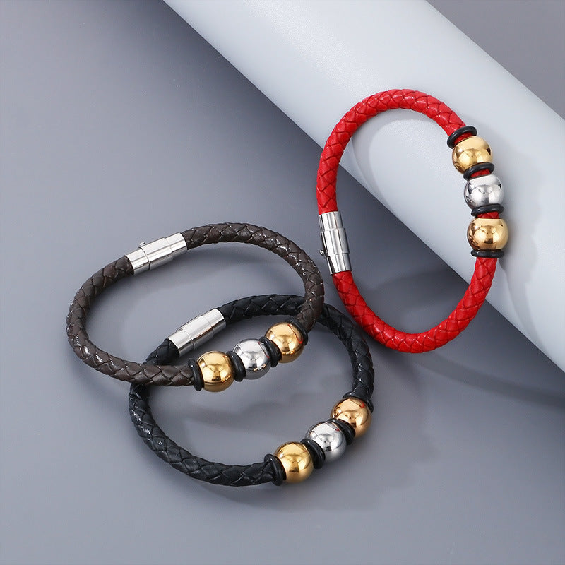 Planderful Mens Stainless Steel Leather Bracelet Hip Hop