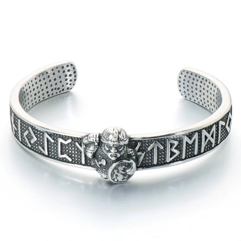 Nordic Viking Warrior Luhn Rune C-Type Bracelet Wolf Head Stainless Steel Men's Open