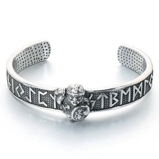Nordic Viking Warrior Luhn Rune C-Type Bracelet Wolf Head Stainless Steel Men's Open