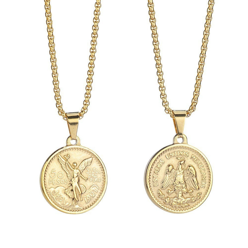 1. Planderful Stainless Steel Coin Pendant Necklace Gold Tone Unisex Gift For Couples And Lovers
