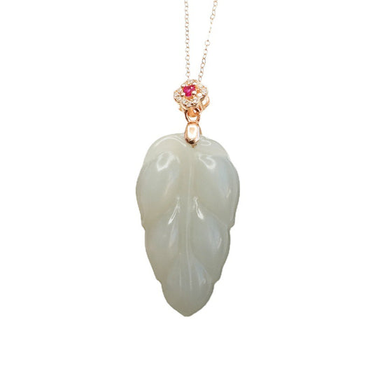 Leaf Jade and Zircon Flower Sterling Silver Necklace with Hotan Jade Pendant