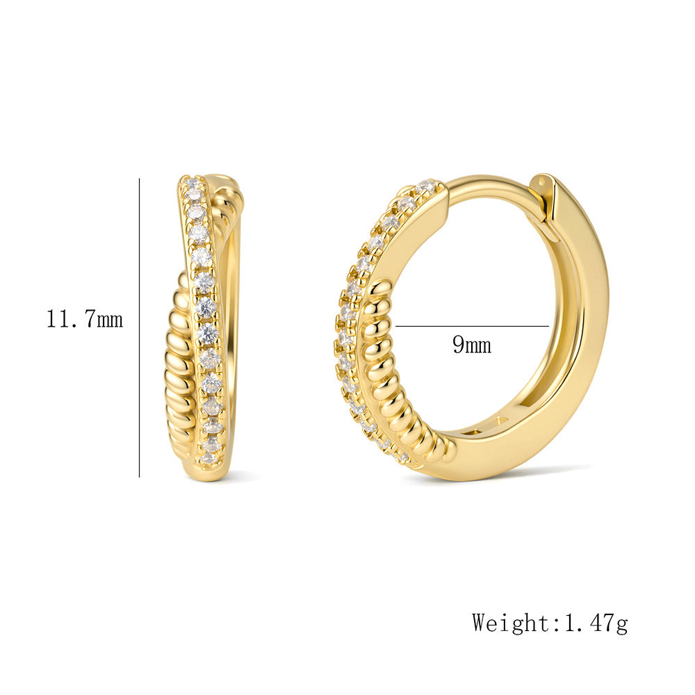 S925 Sterling Silver Zircon Cross Ear Buckle Zircon Geometric Circle Earrings