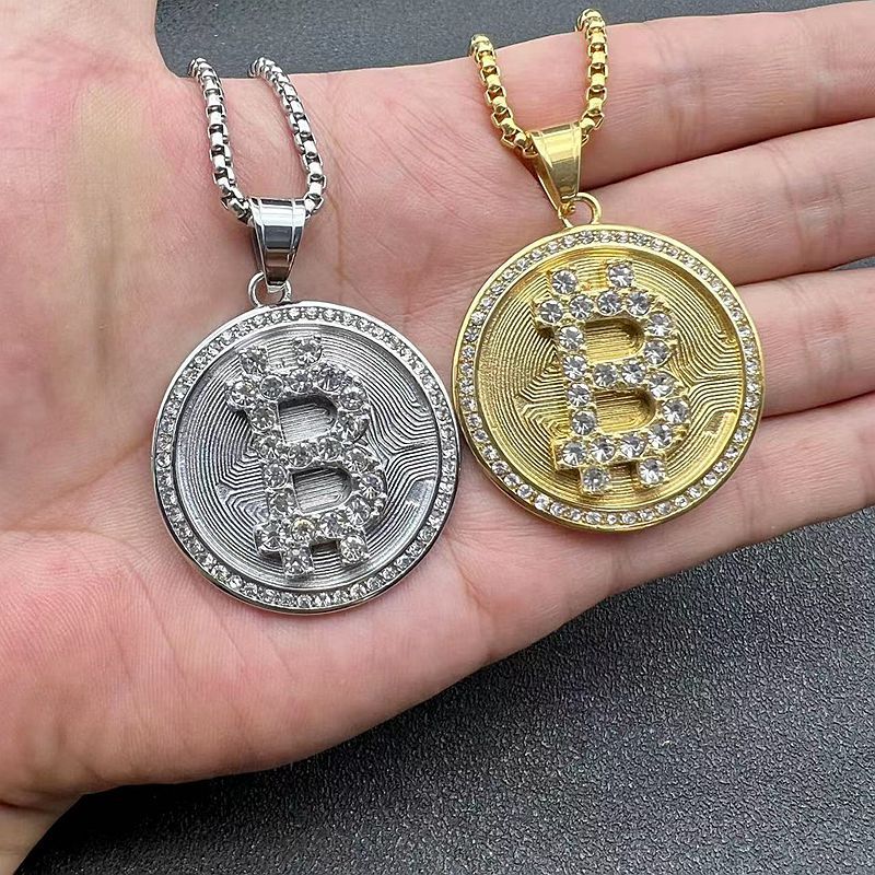 Planderful Bitcoin Pendant Gold Plated Steel Rhinestone Necklace for Hip Hop Fans Statement Accessory