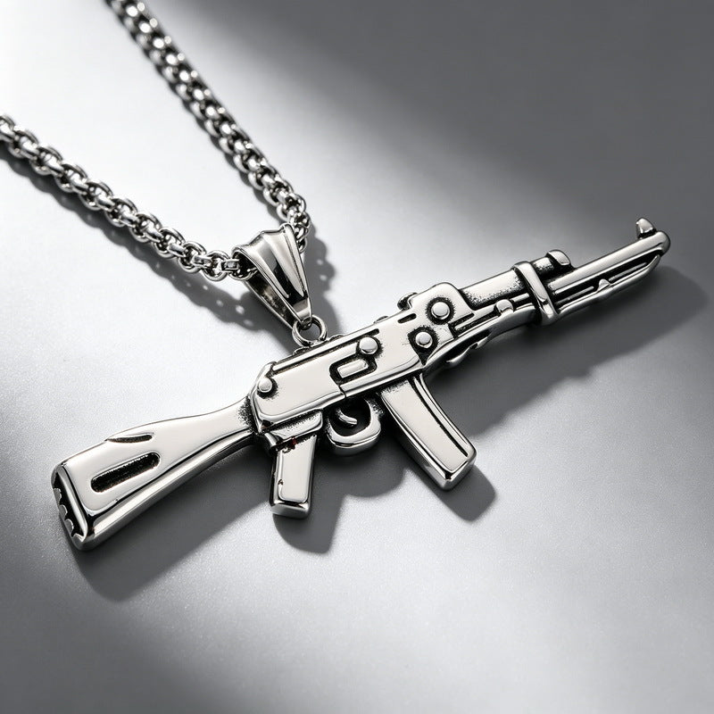 Hip Hop Street Hardcore Military Wind Submachine Gun Shape Pendant Punk Gi Stainless Necklace