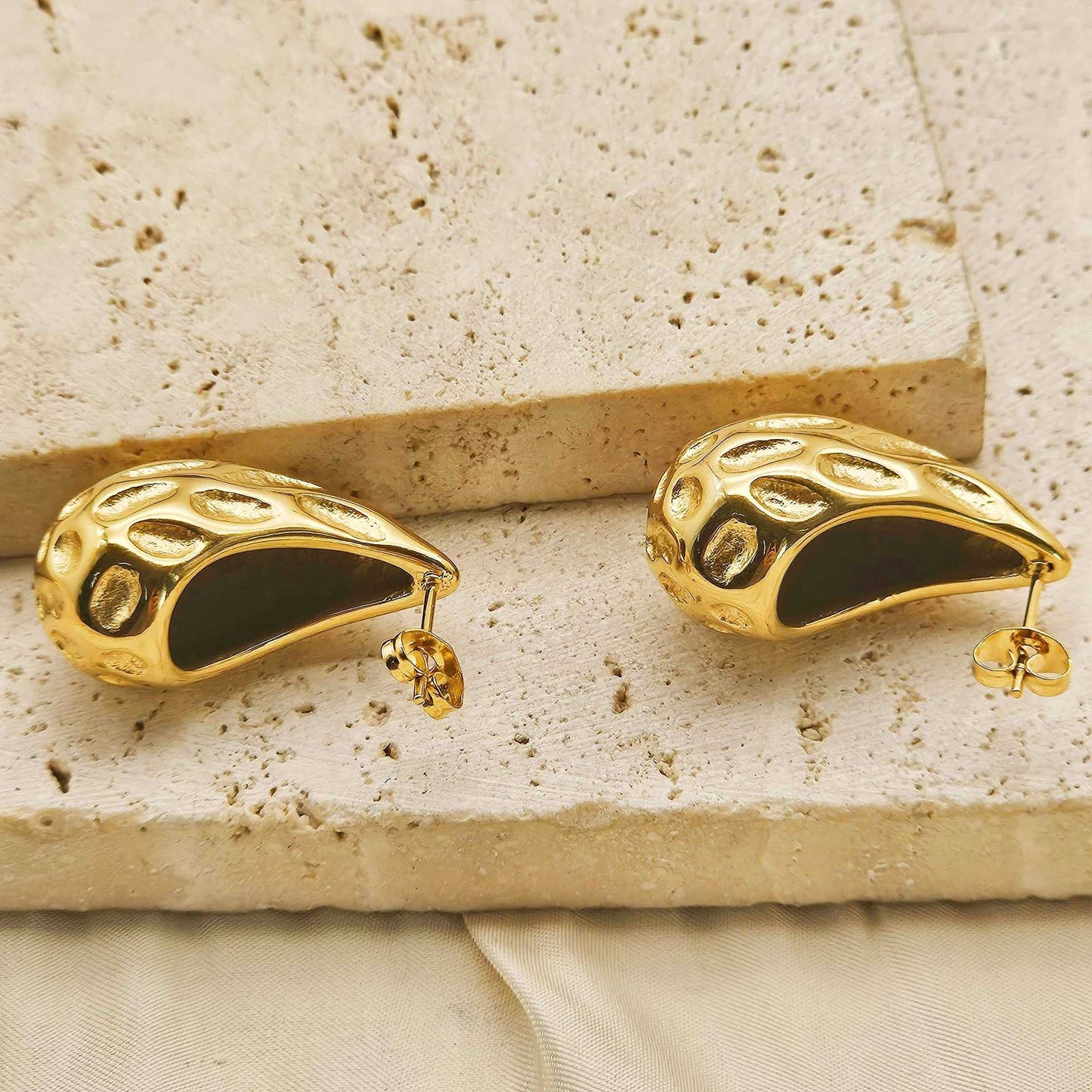 Planderful Water Drop Hammered Stainless Steel Earrings Gold Plated For Women Versatile Fashion Statement