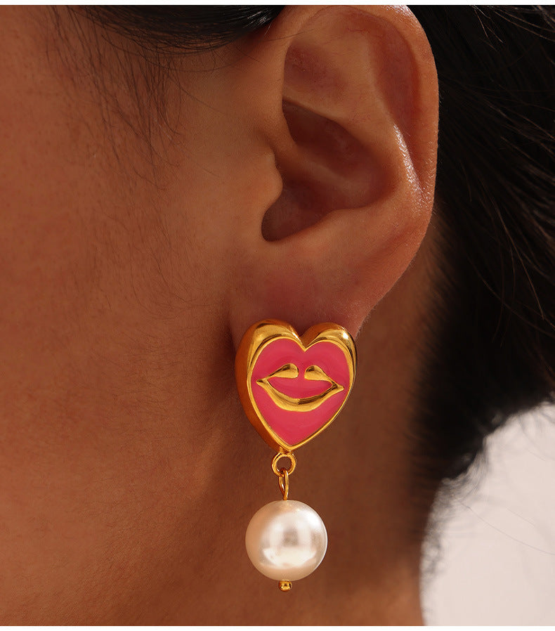 Enamel Glaze Heart Smile Earrings with Shell Bead Accent