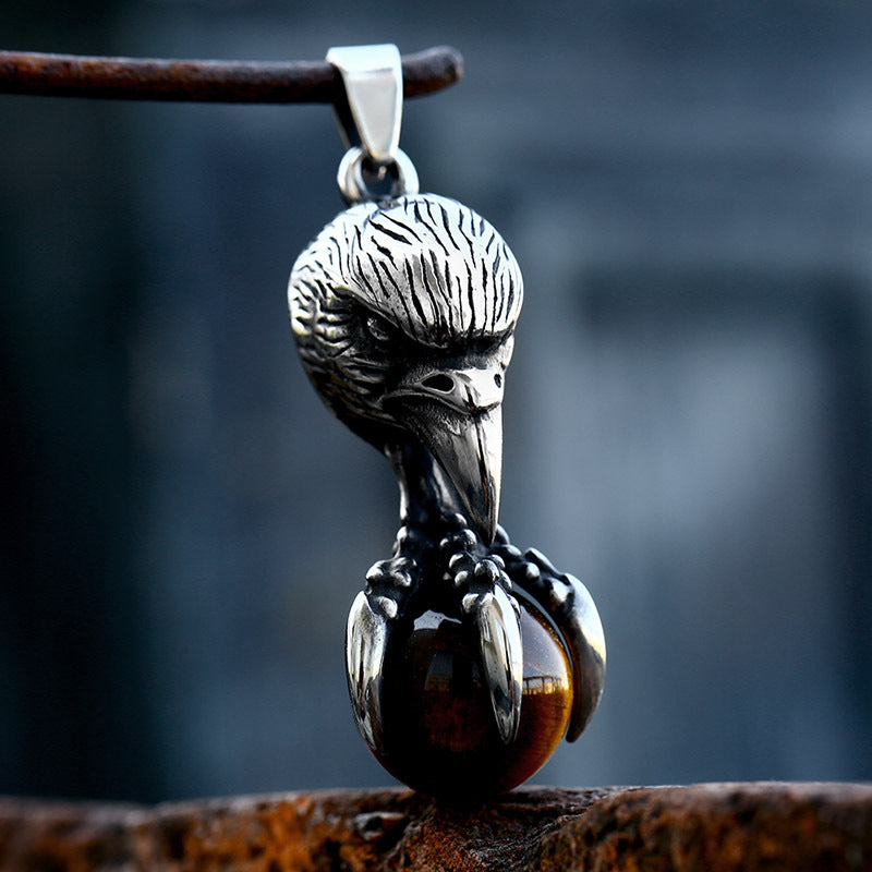 Retro European and American Men's Titanium Steel Pendant with Inlaid Stone Eagle Claw Design