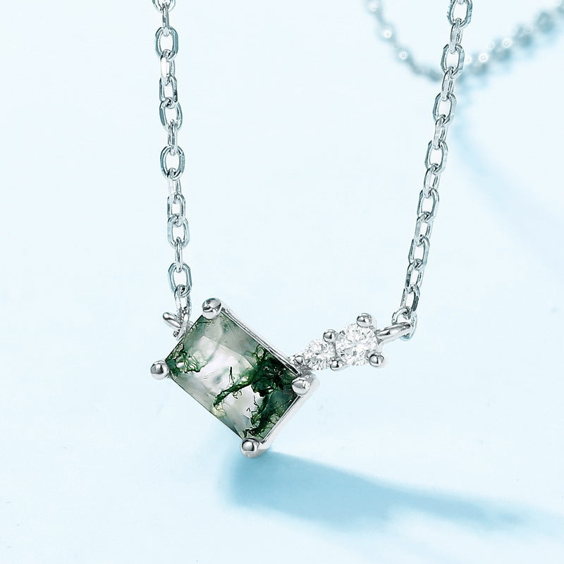 S925 Sterling Silver Moss Agate Square Pendant Necklace