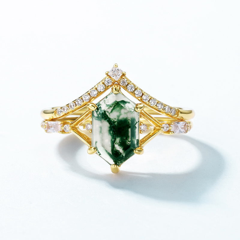 S925 Sterling Silver Gold-Plated Moss Agate Signature Ring