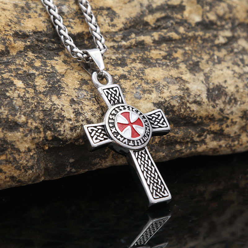 Red Epoxy Double-Sided Cross Pendant Men's Titanium Steel Necklace