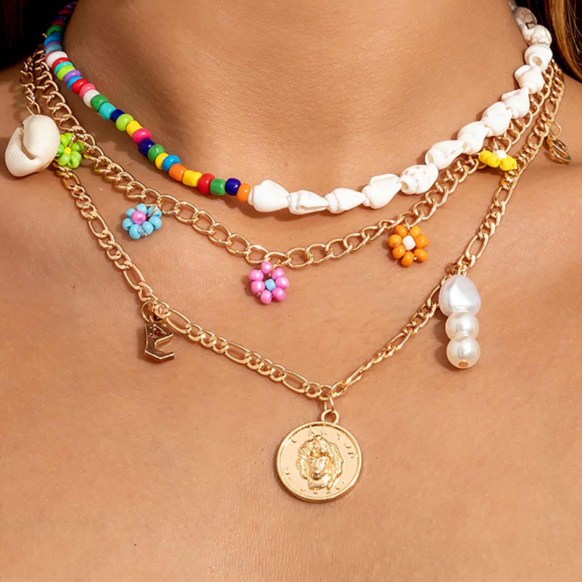 Planderful Vienna Verve Asymmetric Ocean Shell Daisy Fringed Necklace For Women Beaded Statement Necklace