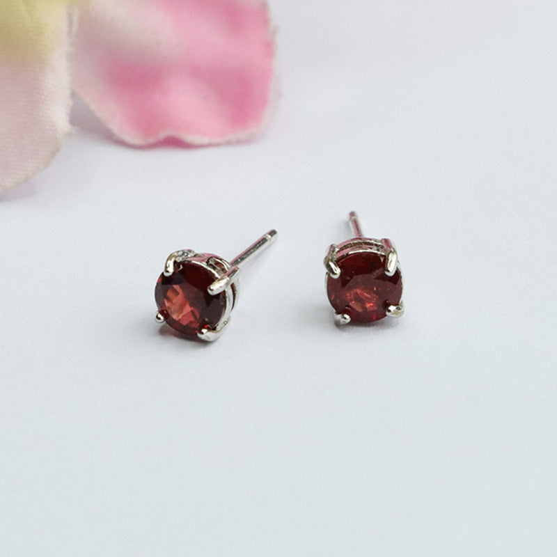 Burgundy Garnet Four-Prong 925 Silver Stud Earrings