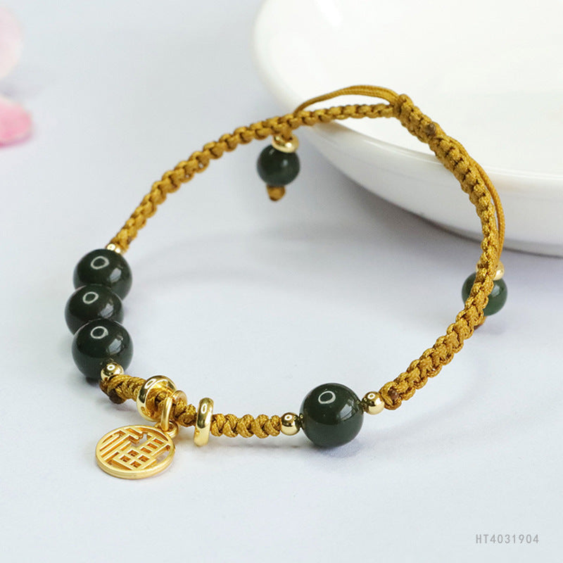 Hetian Jasper Fortune Charm Cord Bracelet