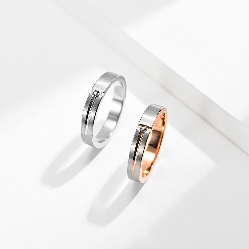 Simple T-Shaped Matte Zircon Titanium Steel Couple Ring
