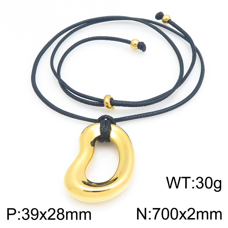 Minimalist Trend Versatile Irregular O-Shaped Pendant Adjustable Black Wax Rope Stainless Steel Men's Necklace