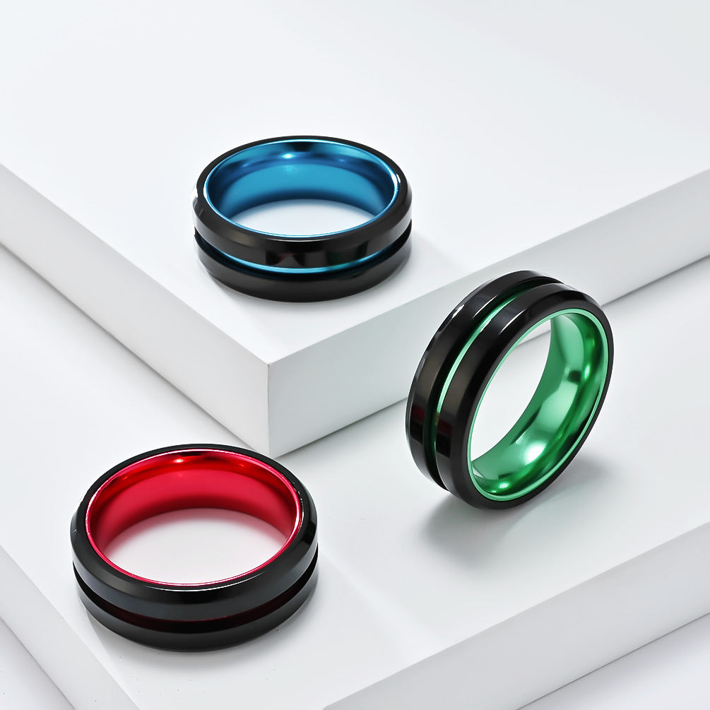 Planderful Men Stainless Steel Ring With Matte Inlaid Alumina Groove Two Color Personalized Hipster Style