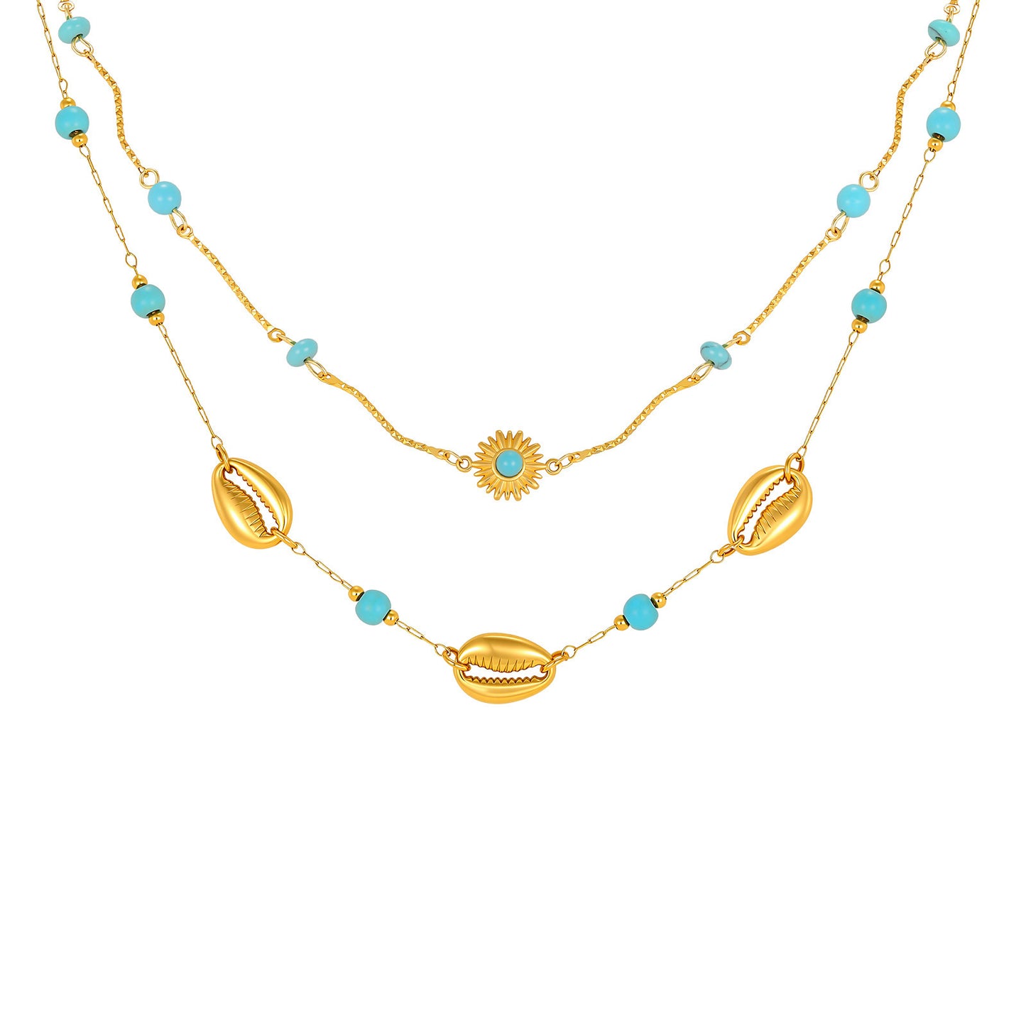 Stainless Steel Shell Turquoise Beads Stacked Women's Neck Chain Necklace