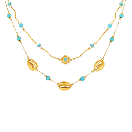 Stainless Steel Shell Turquoise Beads Stacked Women's Neck Chain Necklace