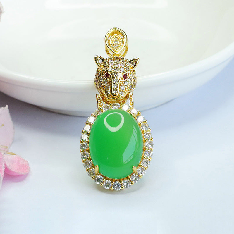 Emperor Green Chalcedony Leopard Head Pendant with Oval Ice Zircon