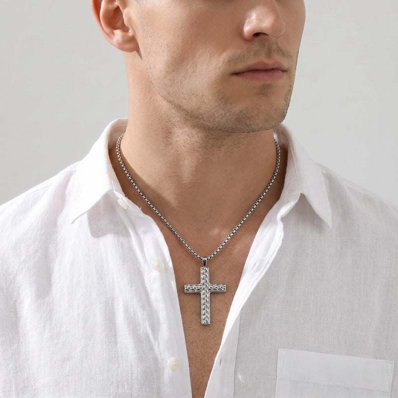 Round Bead Chain Trendy Three-Dimensional Wheat Ear Pattern Cross Pendant, Stainless Steel Square Necklace
