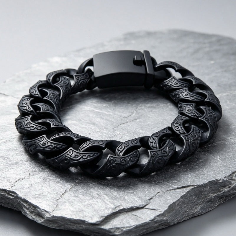 Punk National Style Men's Bracelet Double-Sided Tang Grass Pattern Thick Cuban Chain