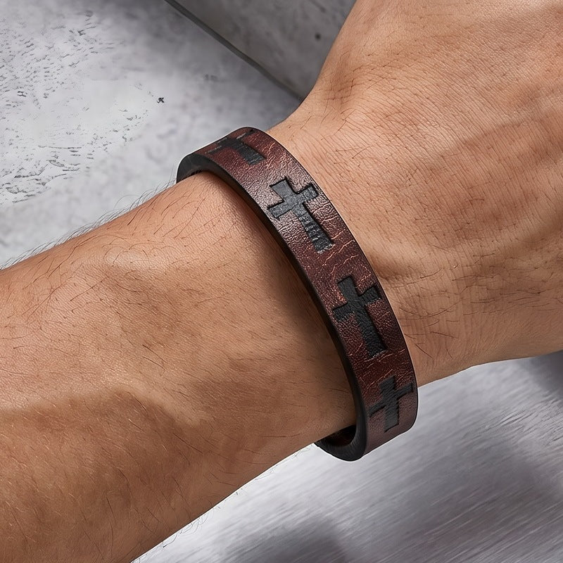 Western Nautical Anchor Cross Leather Rope Bracelet 10mm Embossed Totem Imitation